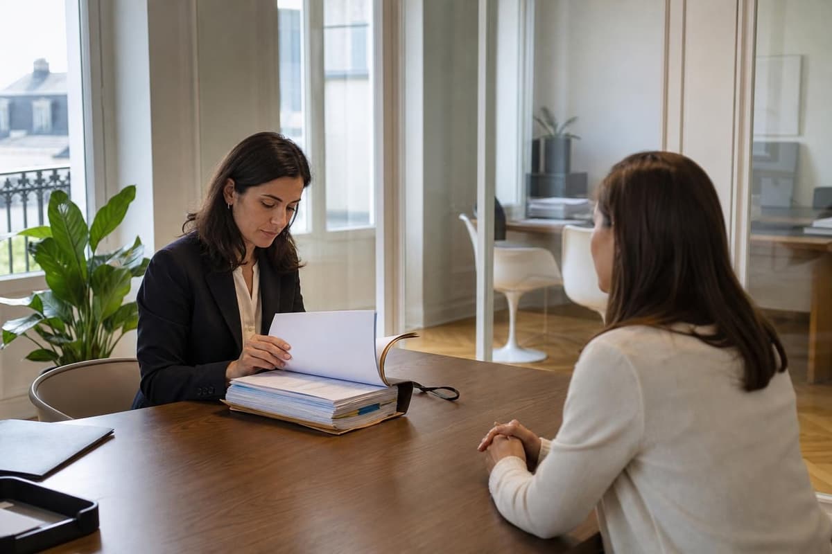 Dans un bureau moderne, une avocate consulte un dossier épais face à une cliente assise de l’autre côté de la table.