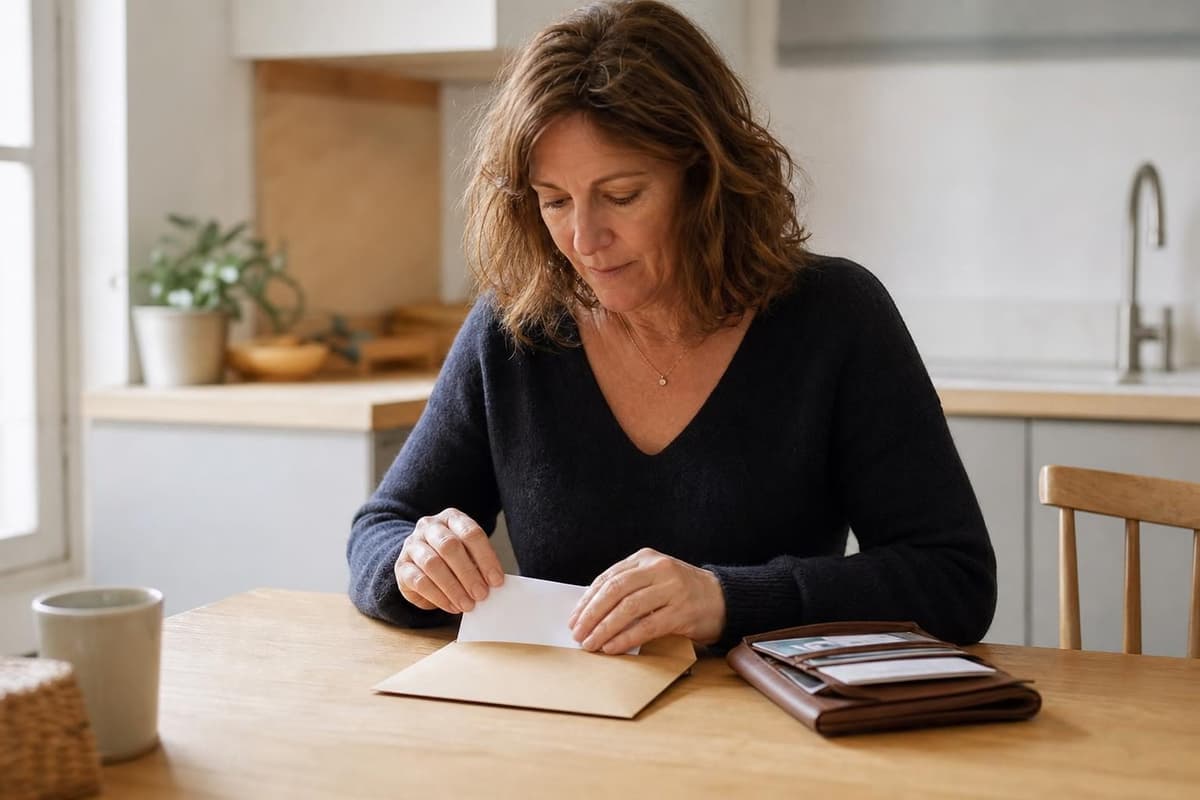Une femme est assise à une table dans une cuisine lumineuse et glisse un document dans une enveloppe, avec un portefe…