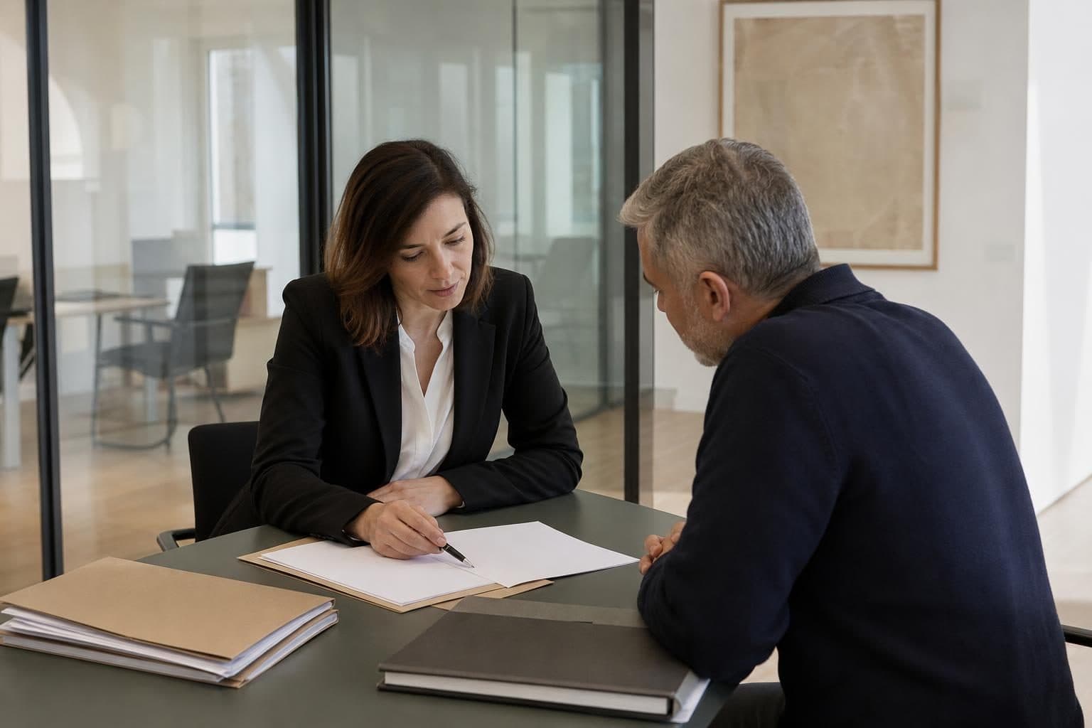Dans un bureau vitré moderne, une avocate en blazer noir discute avec un homme assis de l’autre côté d’une table, ave…