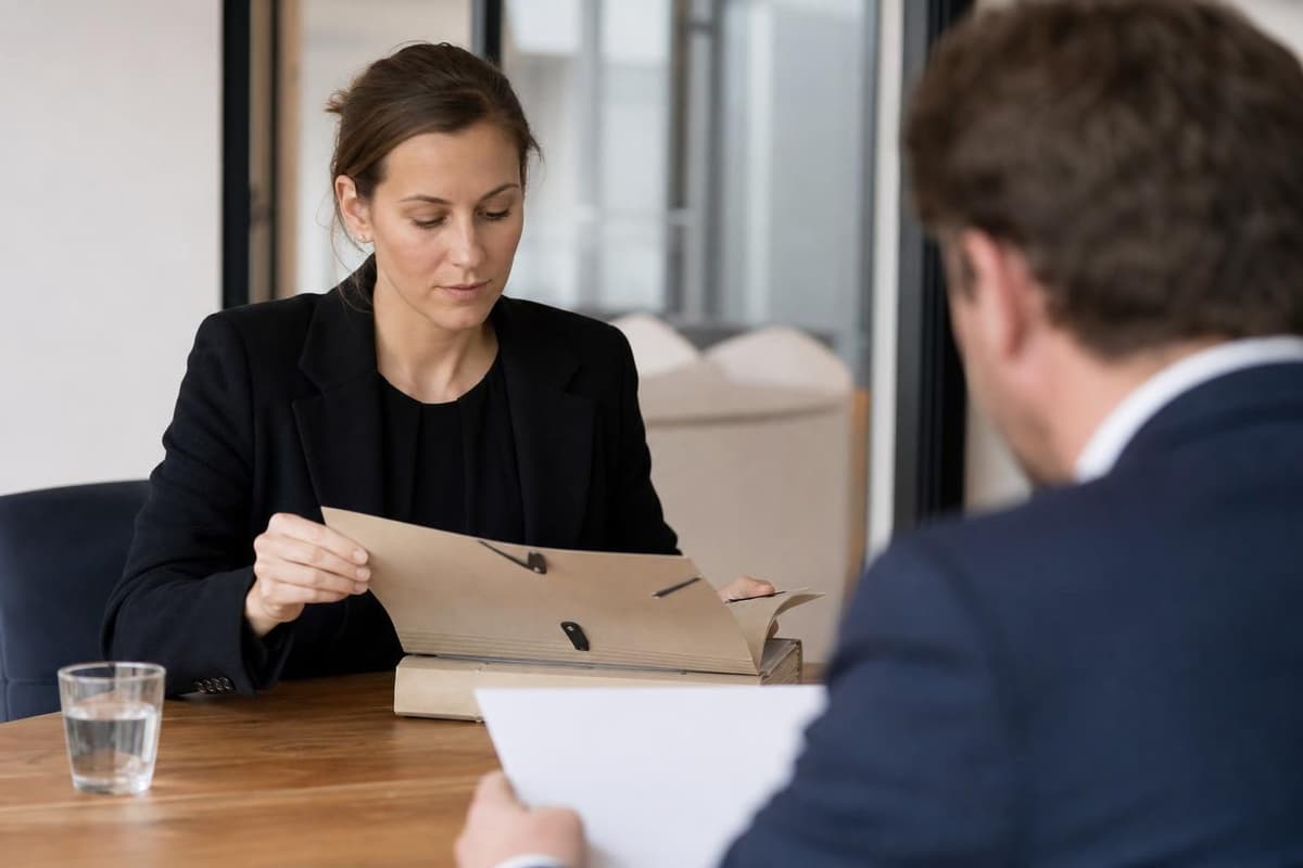 Une avocate examine un dossier face à un homme en costume, dans un bureau.