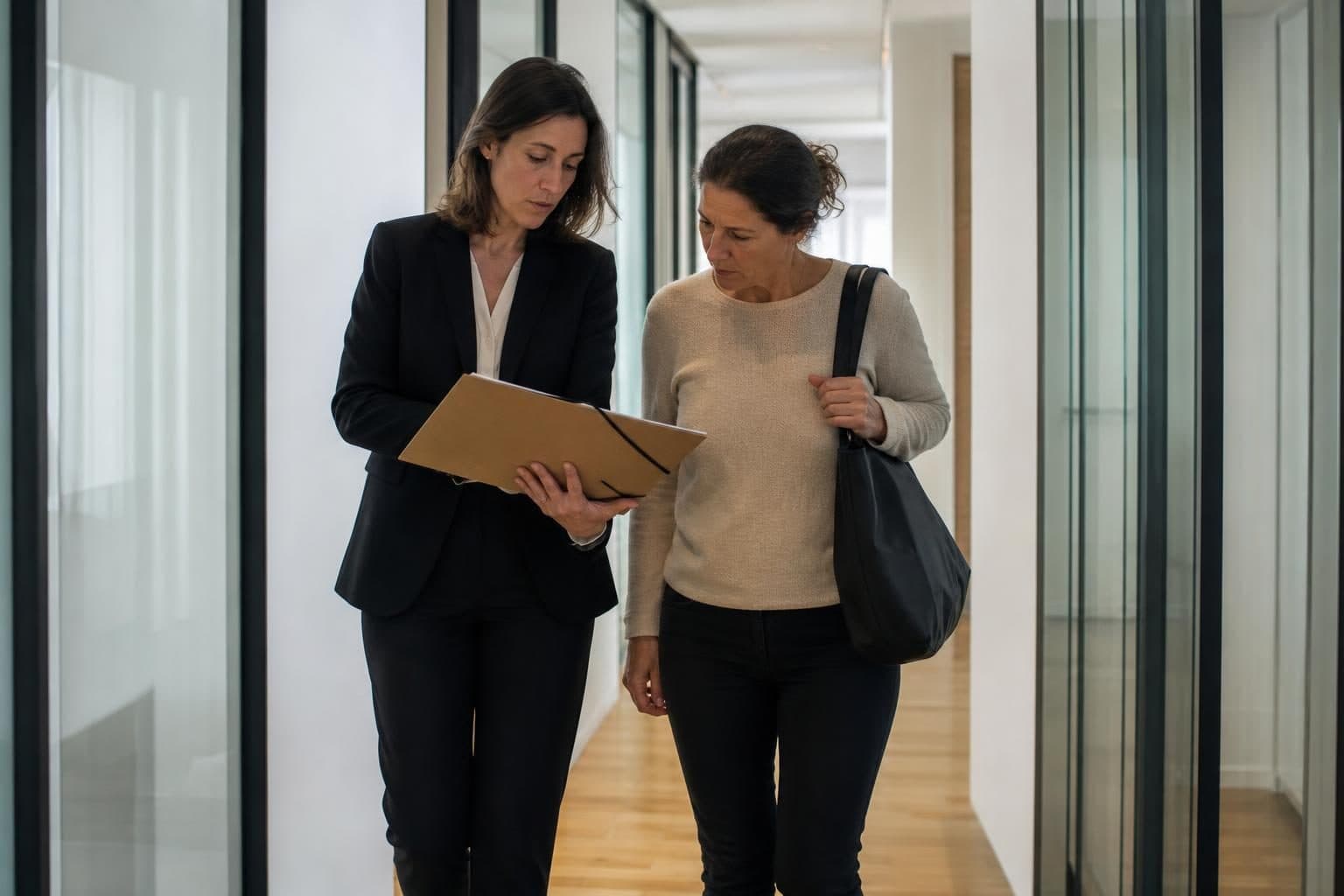 Dans un couloir vitré, une avocate en tailleur noir montre un dossier à une femme en tenue casual qui marche à ses cô…