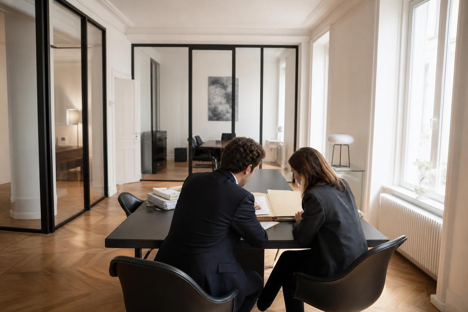 Deux personnes assises à une grande table dans un bureau lumineux et vitré, en train de consulter un dossier.