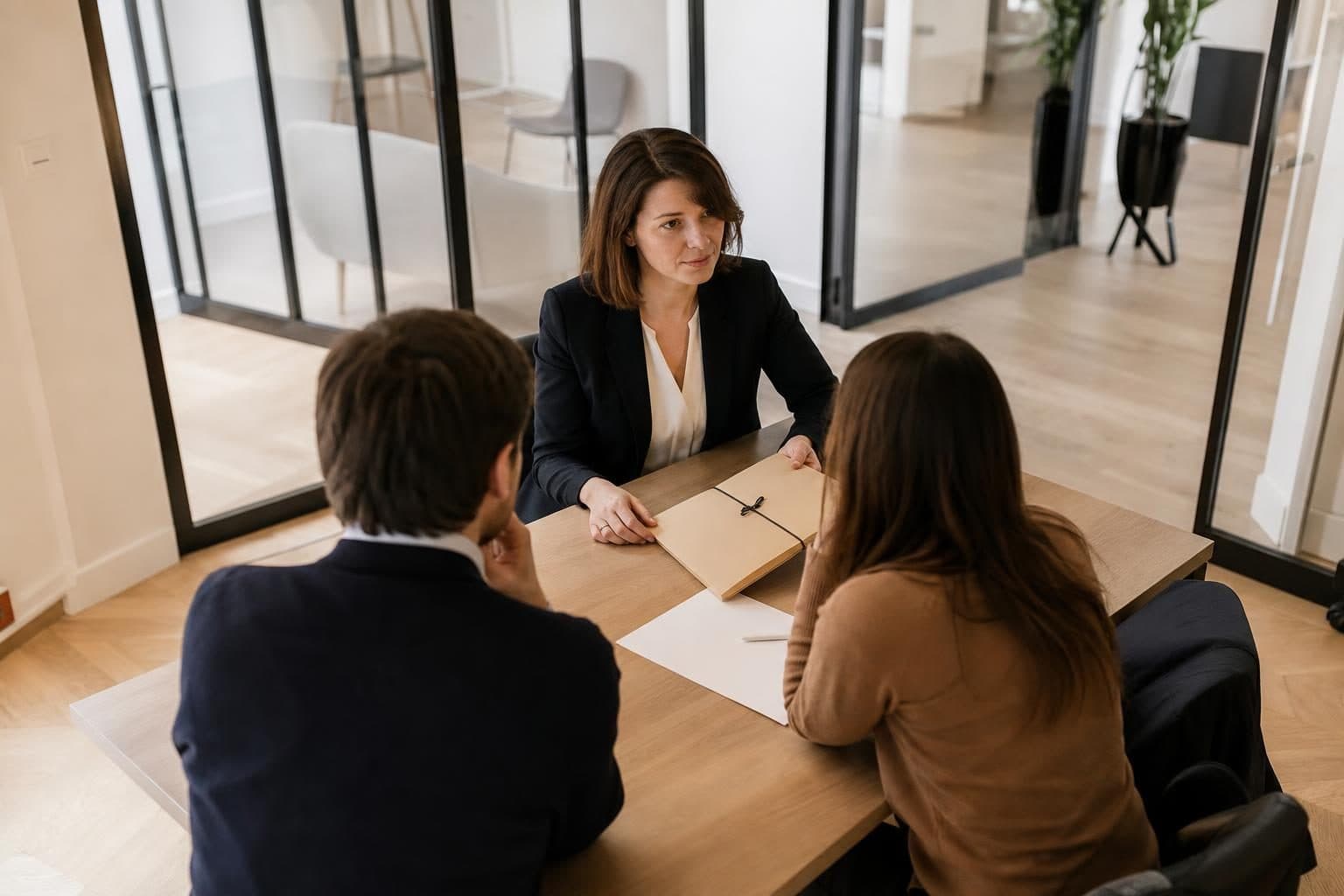 Une avocate en tenue sombre reçoit deux clients assis de part et d’autre d’une table dans un bureau moderne et lumine…