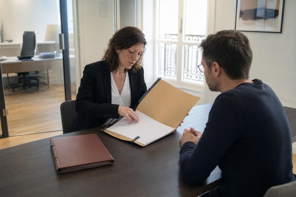 Dans un bureau sobre, une avocate en veste sombre montre un dossier à un homme assis en face d’elle, avec une table, …