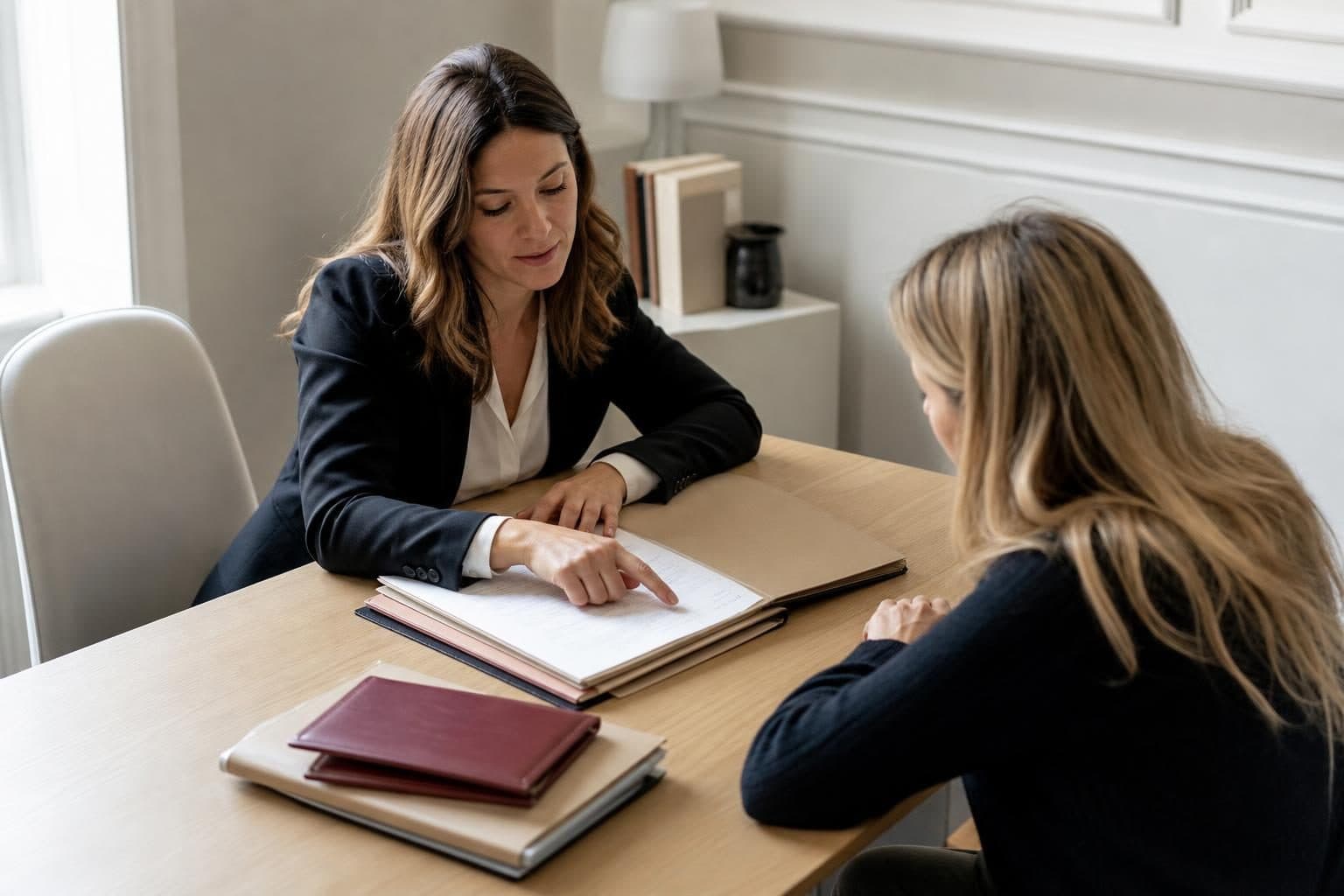 Deux femmes sont assises face à face dans un bureau lumineux, l’une en tailleur sombre pointe une page d’un dossier o…