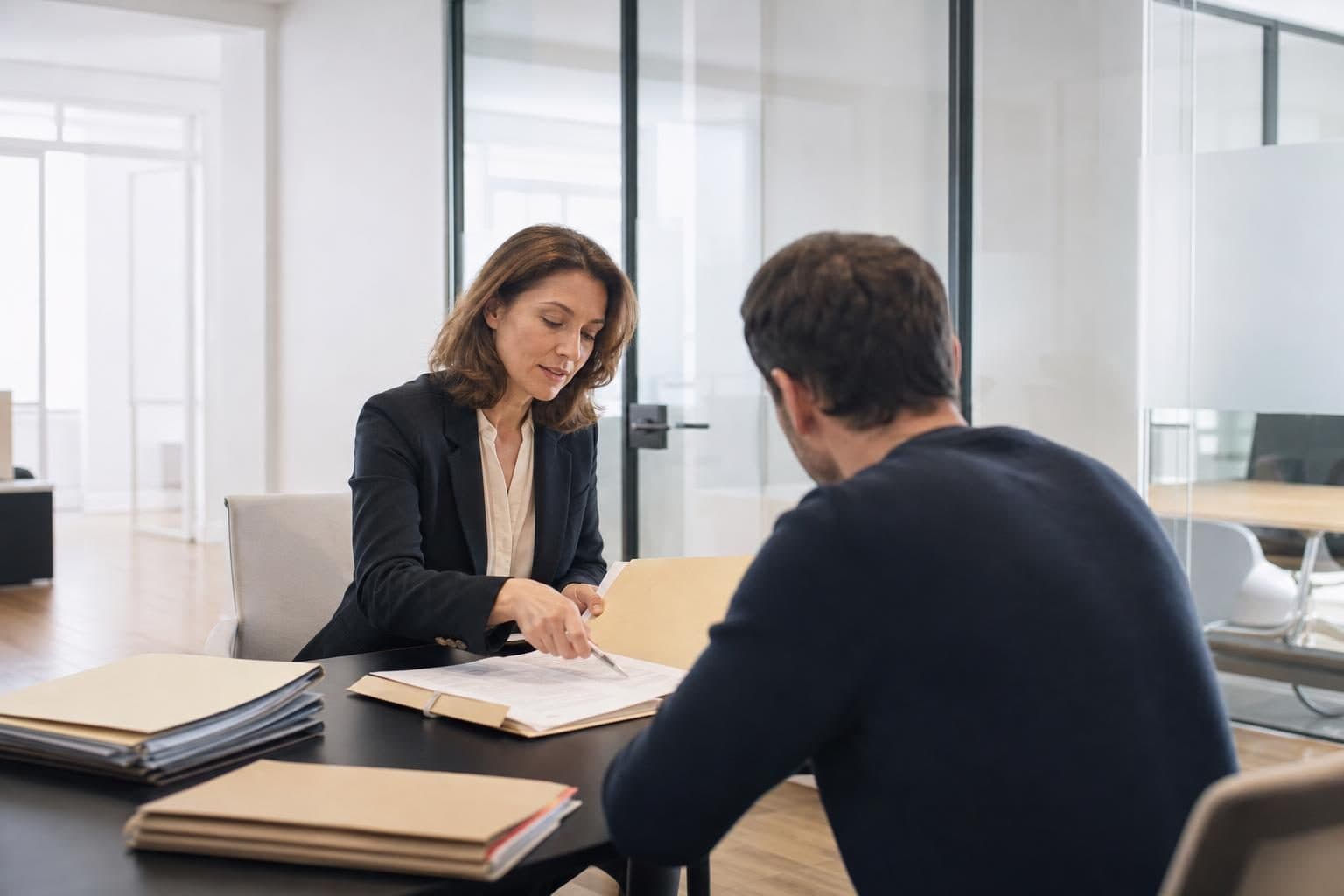 Une avocate en tenue professionnelle explique un dossier à un homme assis de l’autre côté d’une table de réunion, dan…