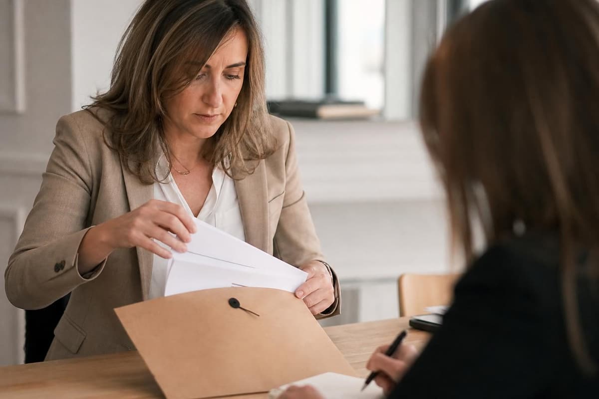 Deux femmes sont assises à une table de bureau, l’une consulte et manipule des documents.