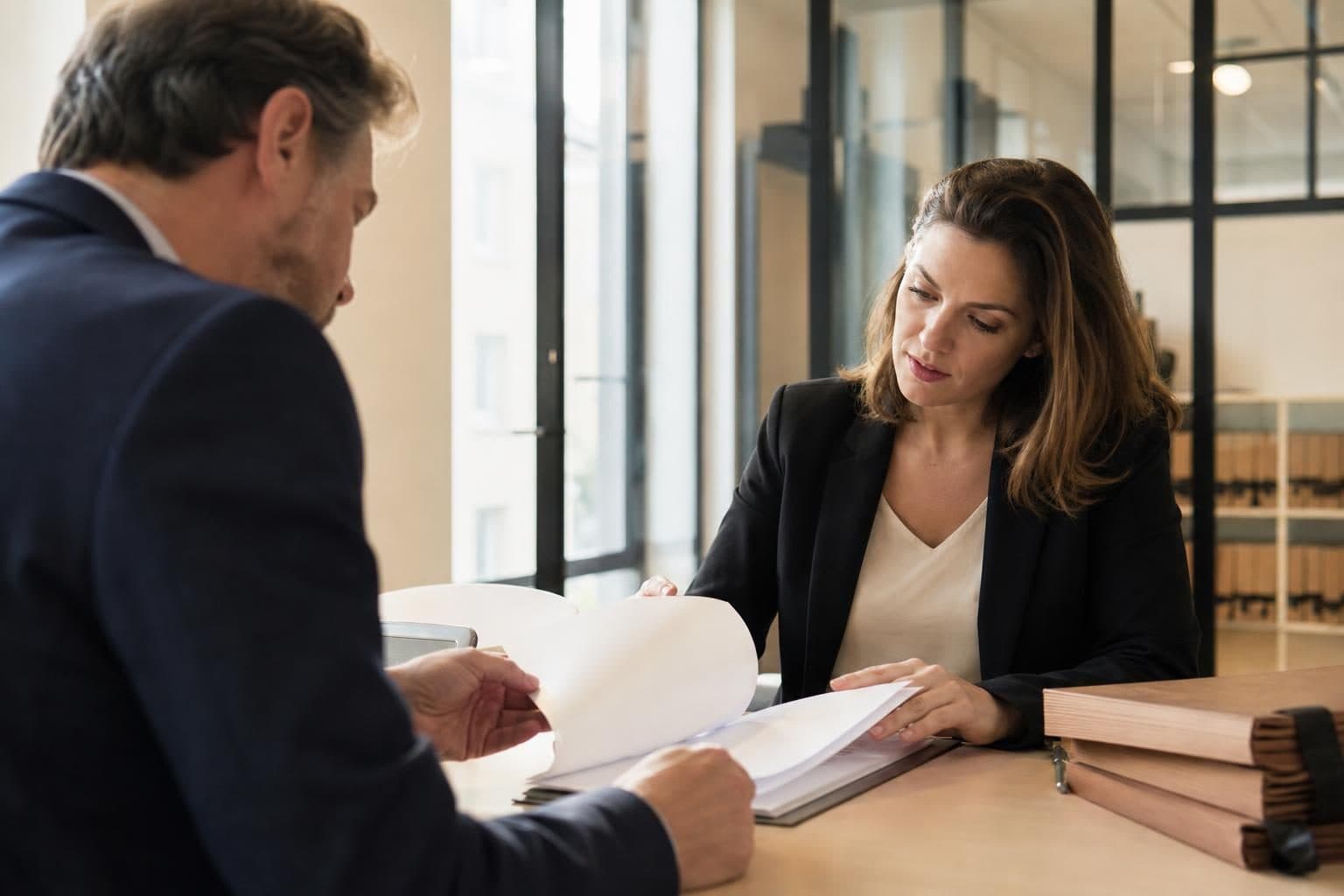 Un homme en costume feuillette des documents face à une femme assise à un bureau dans un cabinet vitré et lumineux.