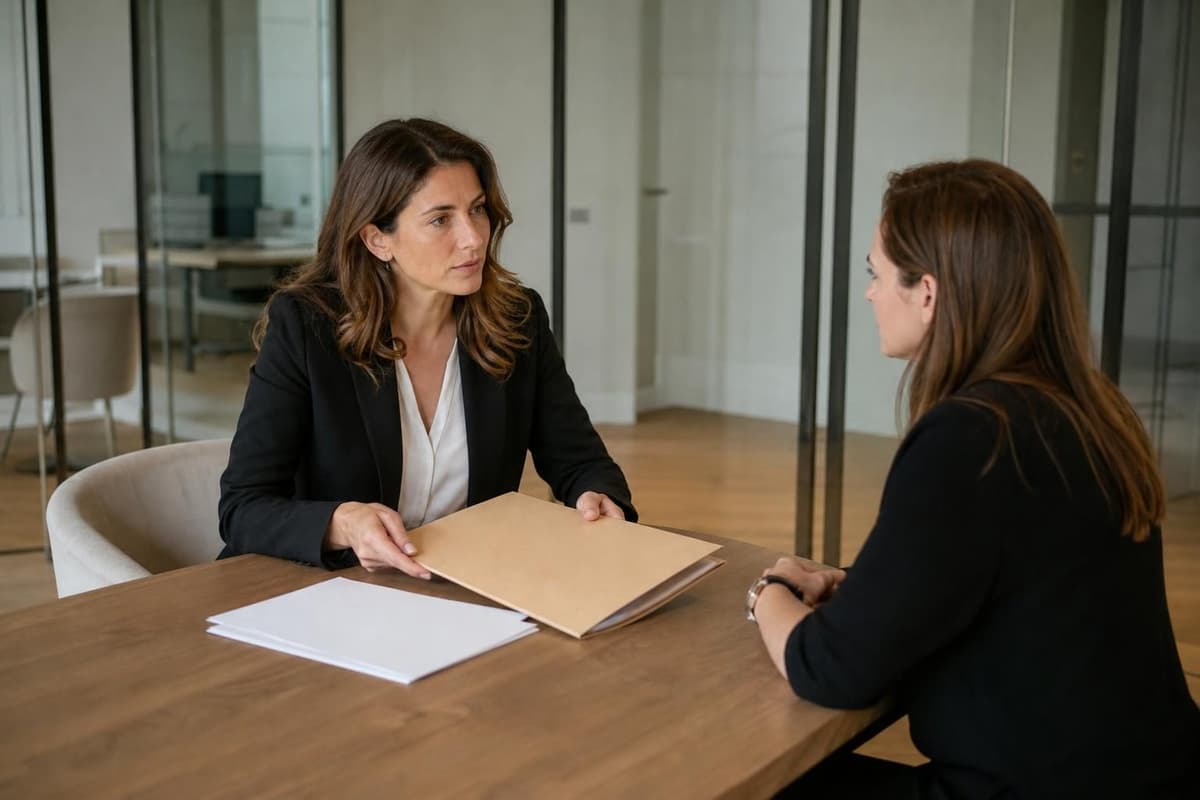 Deux femmes en tenue sombre sont assises face à face dans un bureau vitré moderne, l’une tenant une chemise cartonnée…