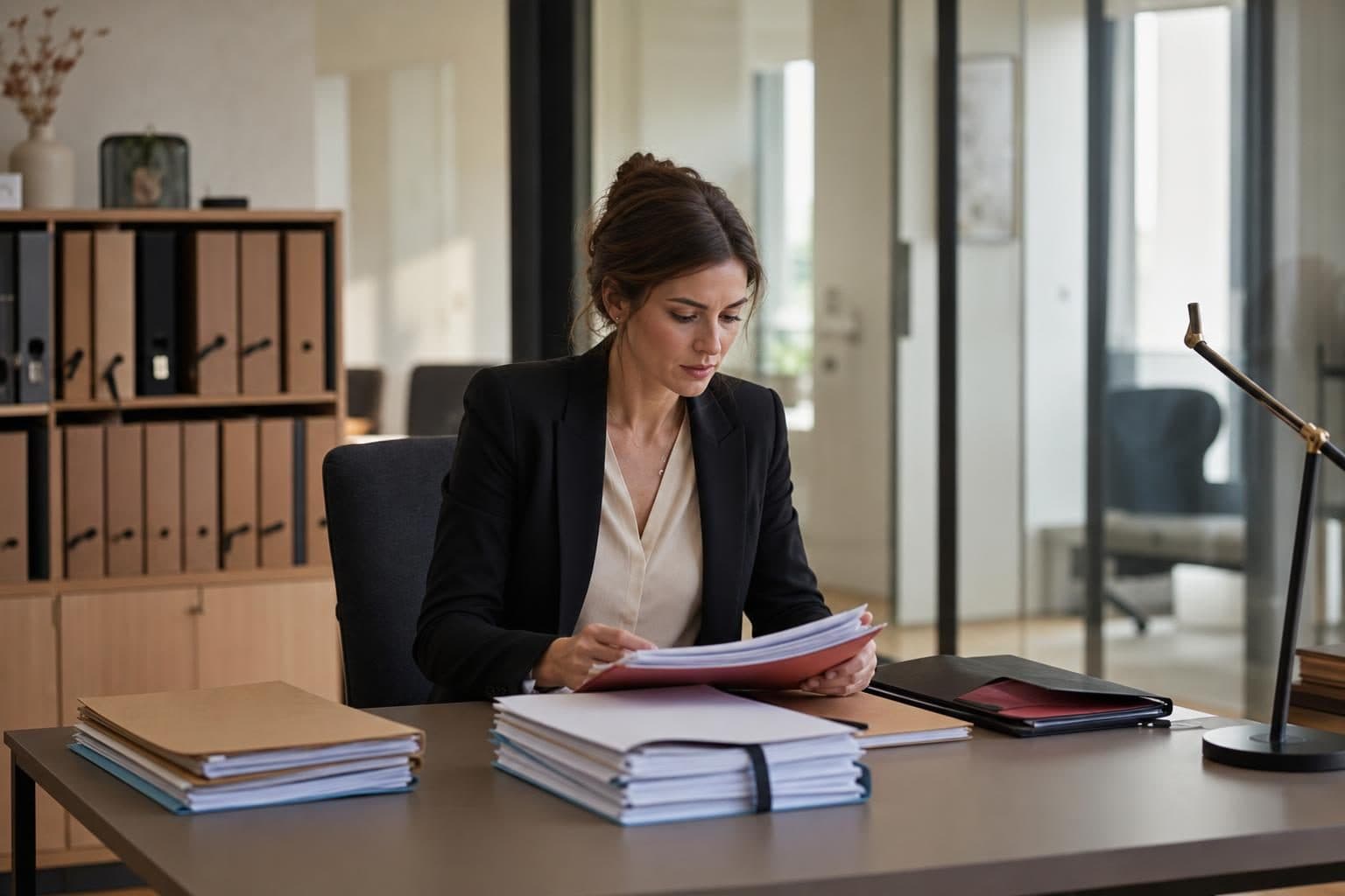 Une avocate assise à son bureau dans un cabinet moderne, en train de consulter un dossier papier.