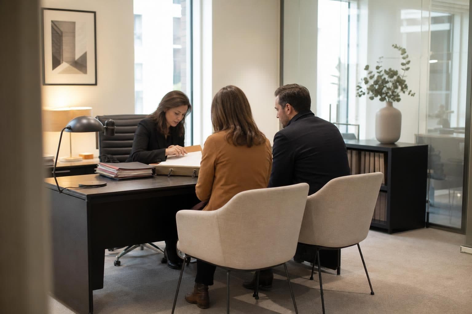Une avocate assise derrière un bureau reçoit un couple dans un cabinet moderne et sobre.