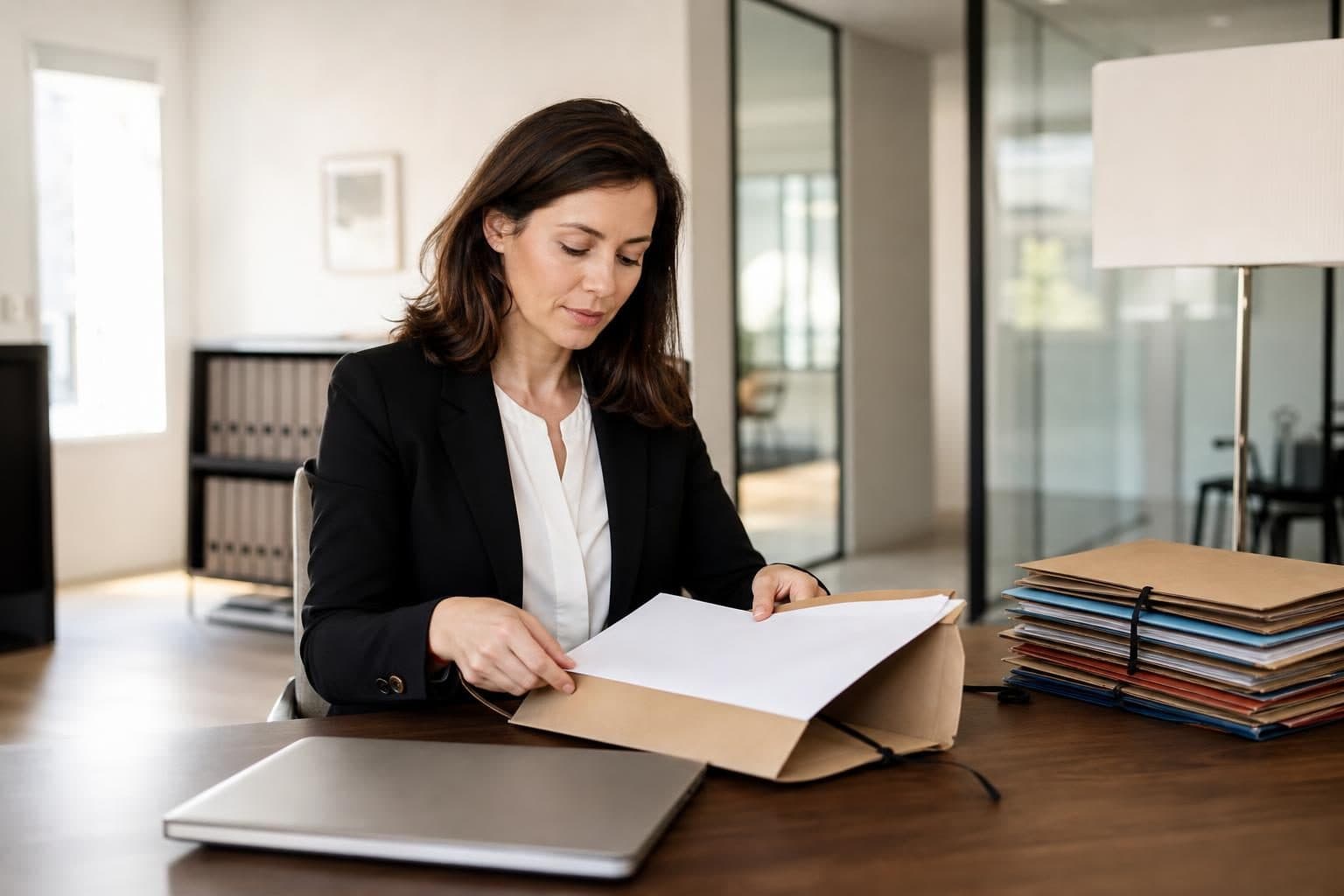 Une femme en tenue professionnelle examine des dossiers dans un bureau moderne, avec un ordinateur portable fermé au …