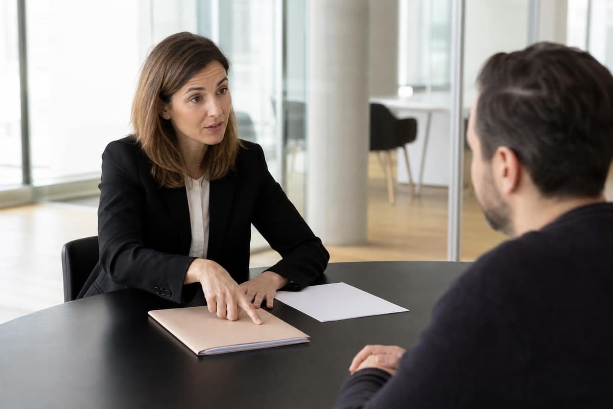 Une avocate en tenue sombre discute avec un homme assis en face d’elle autour d’une table de bureau moderne.