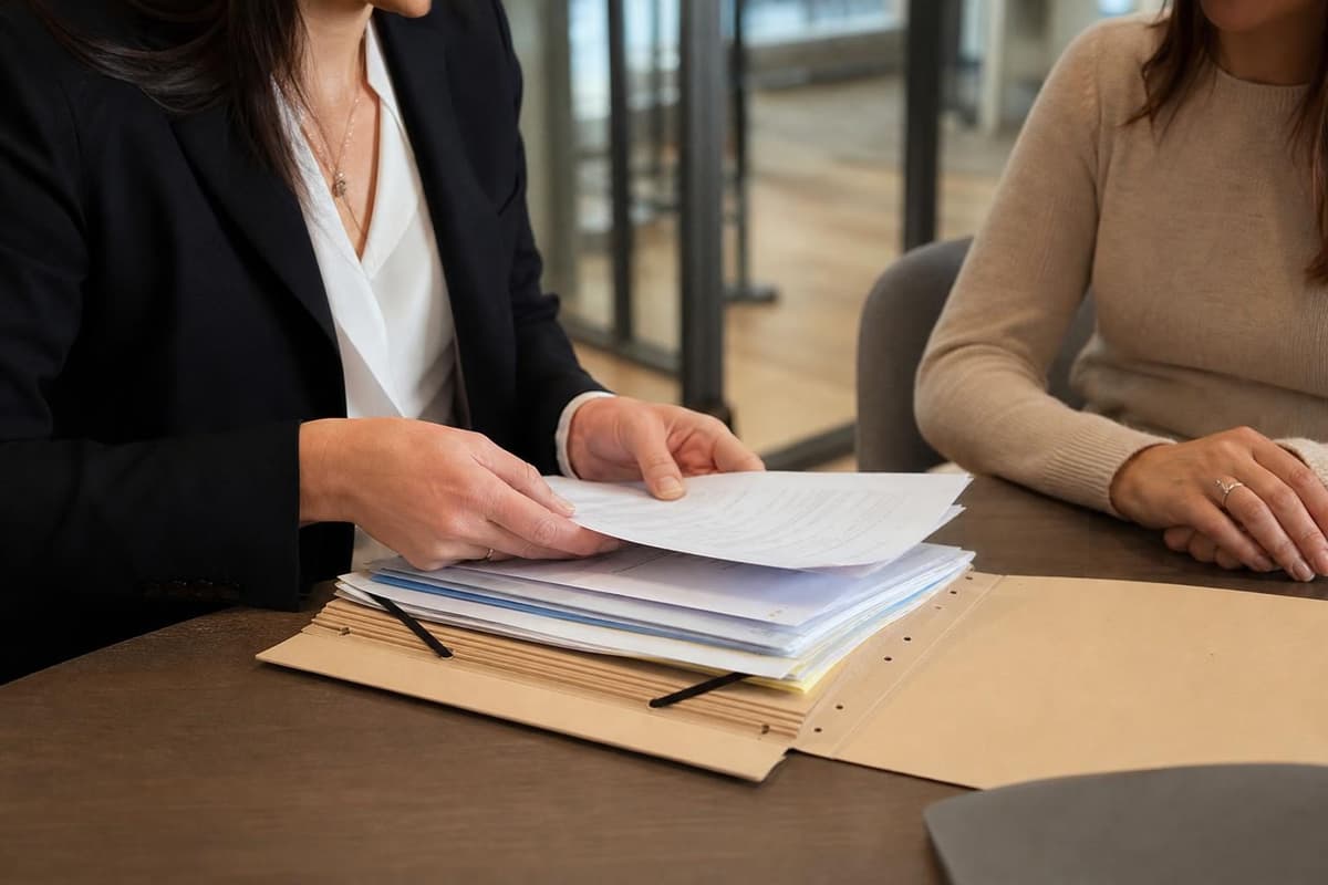 Deux femmes sont assises à une table de bureau ; celle de gauche manipule un dossier épais et des feuilles.