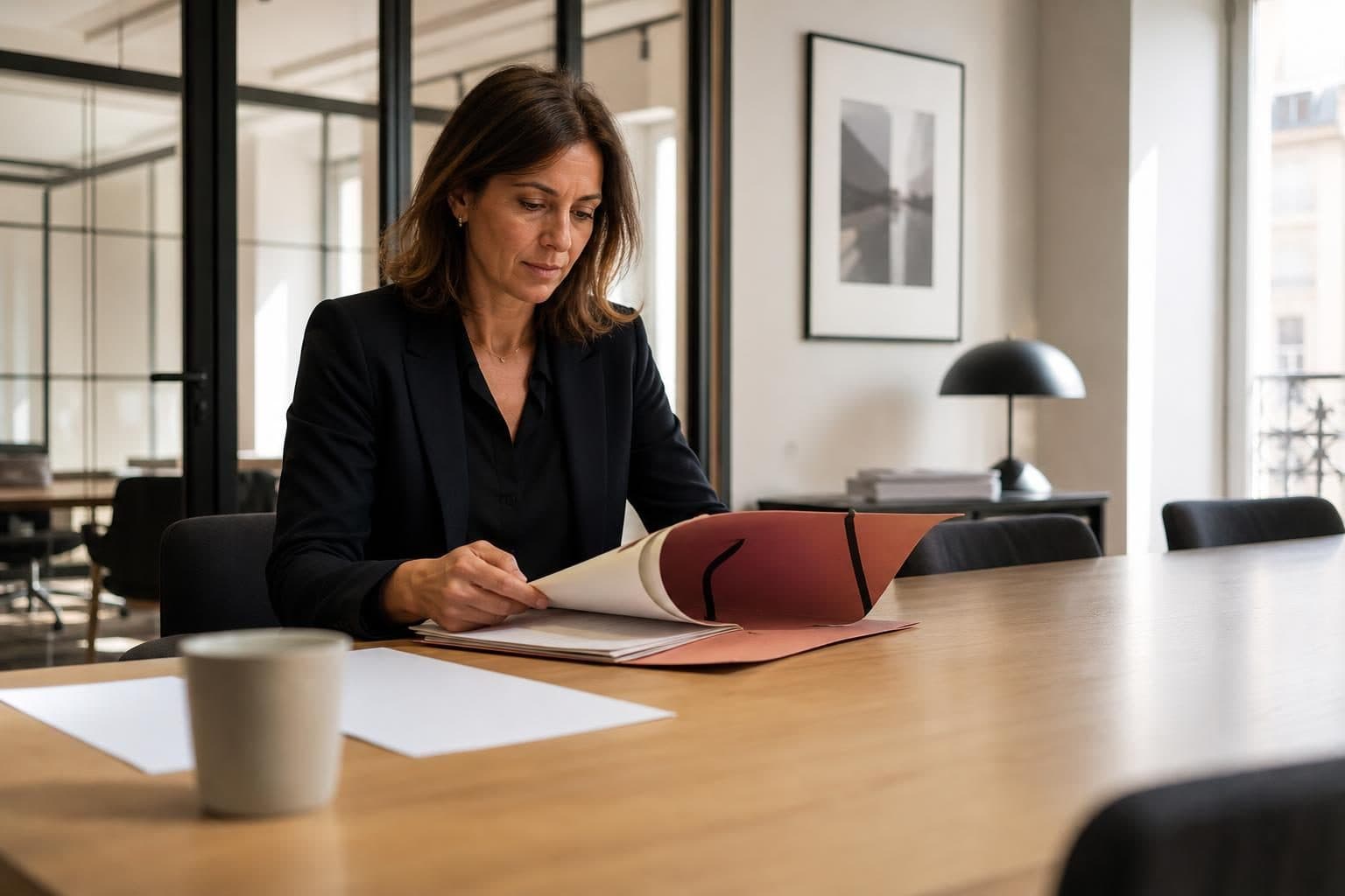 Une femme en tenue sombre est assise à une table dans un bureau moderne et feuillette un dossier ou un magazine.