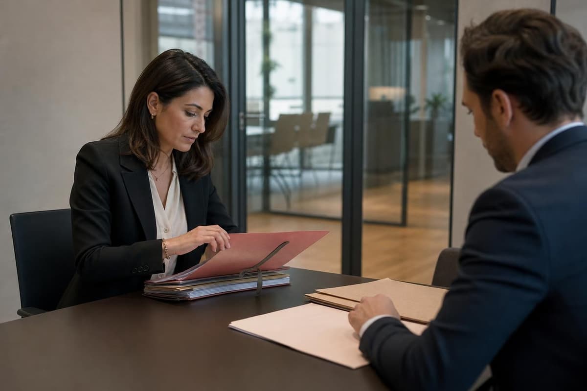 Une avocate en tailleur noir examine un dossier en face d’un homme assis à une table de réunion.