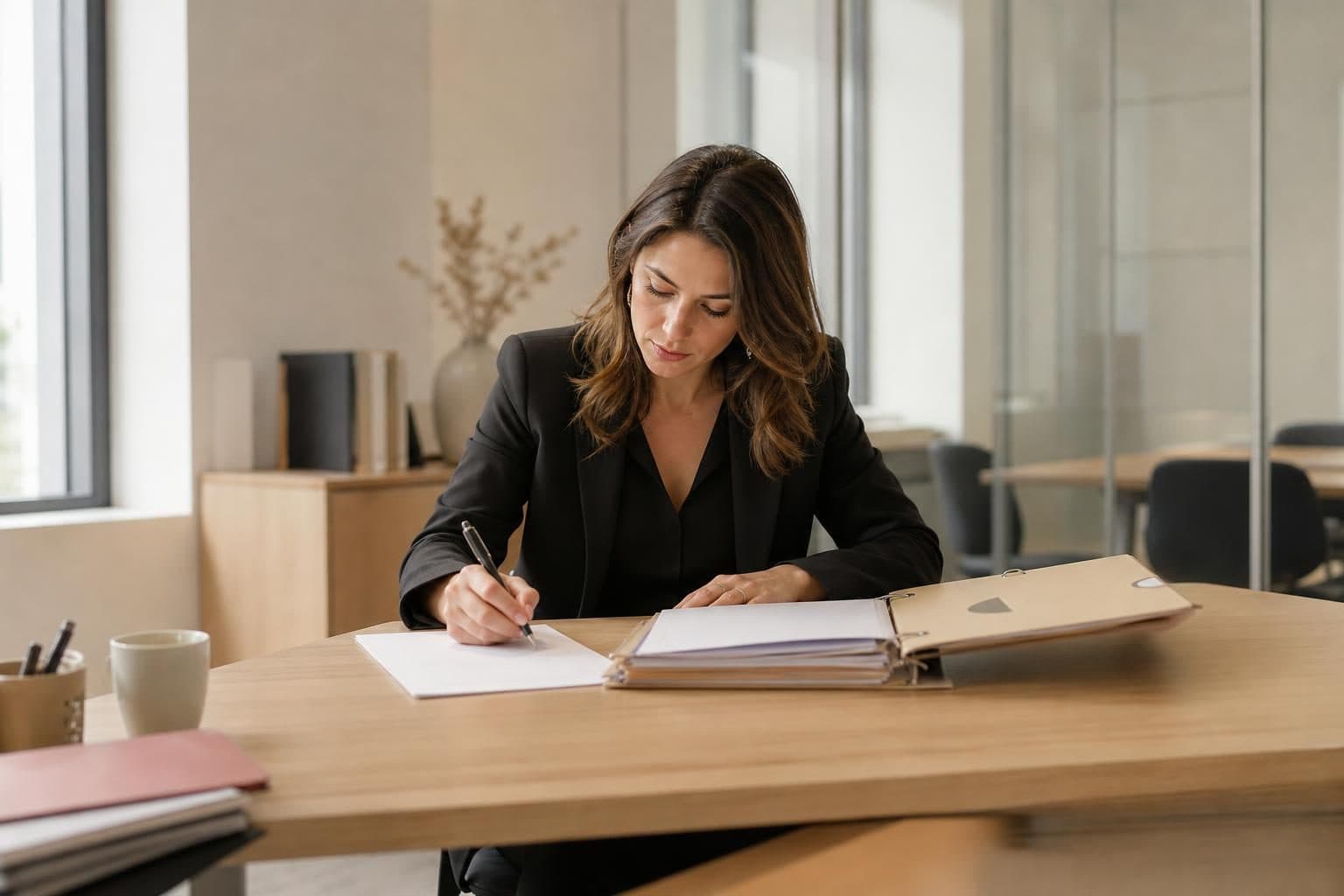 Une femme en tenue sombre écrit à son bureau dans un cabinet moderne, avec des dossiers et une tasse posés devant elle.